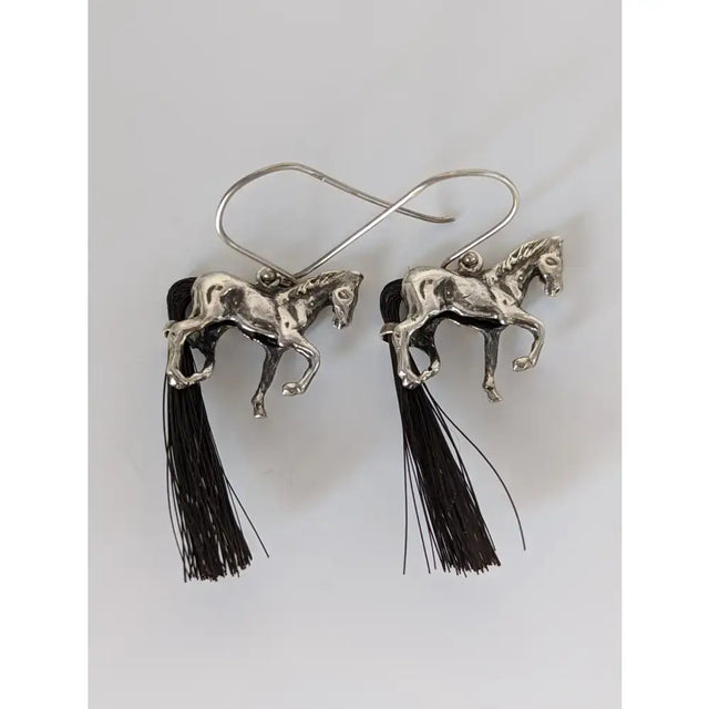Silver steed large silver horse long earrings with black tassels and horse hair tail for statement style