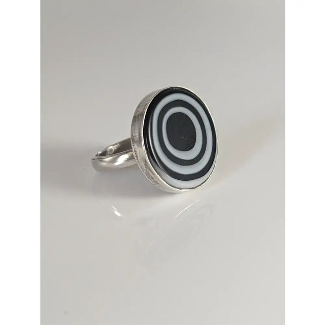 Silver steed large sterling silver white mass ring with a unique black and white concentric spiral design