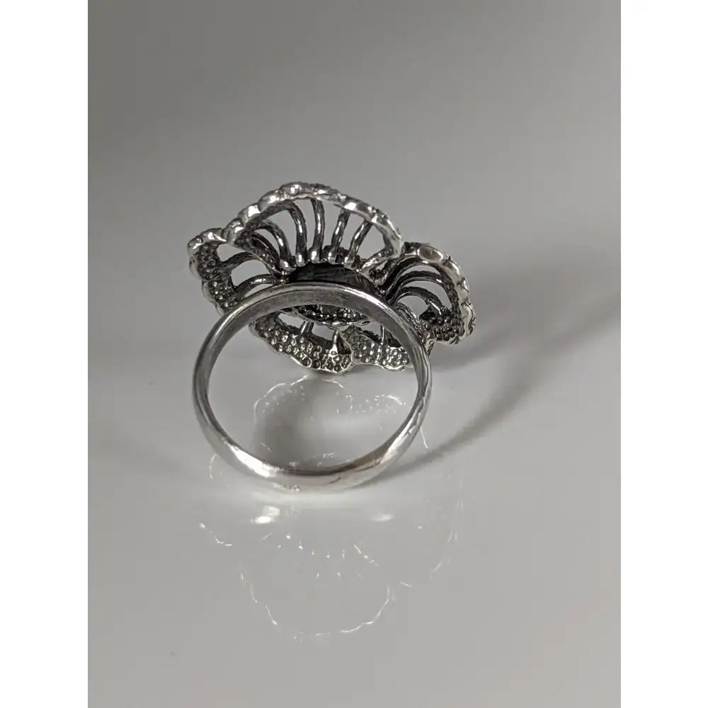 Silver steed large unique flower handmade silver ring with intricate floral filigree and sparkling stones