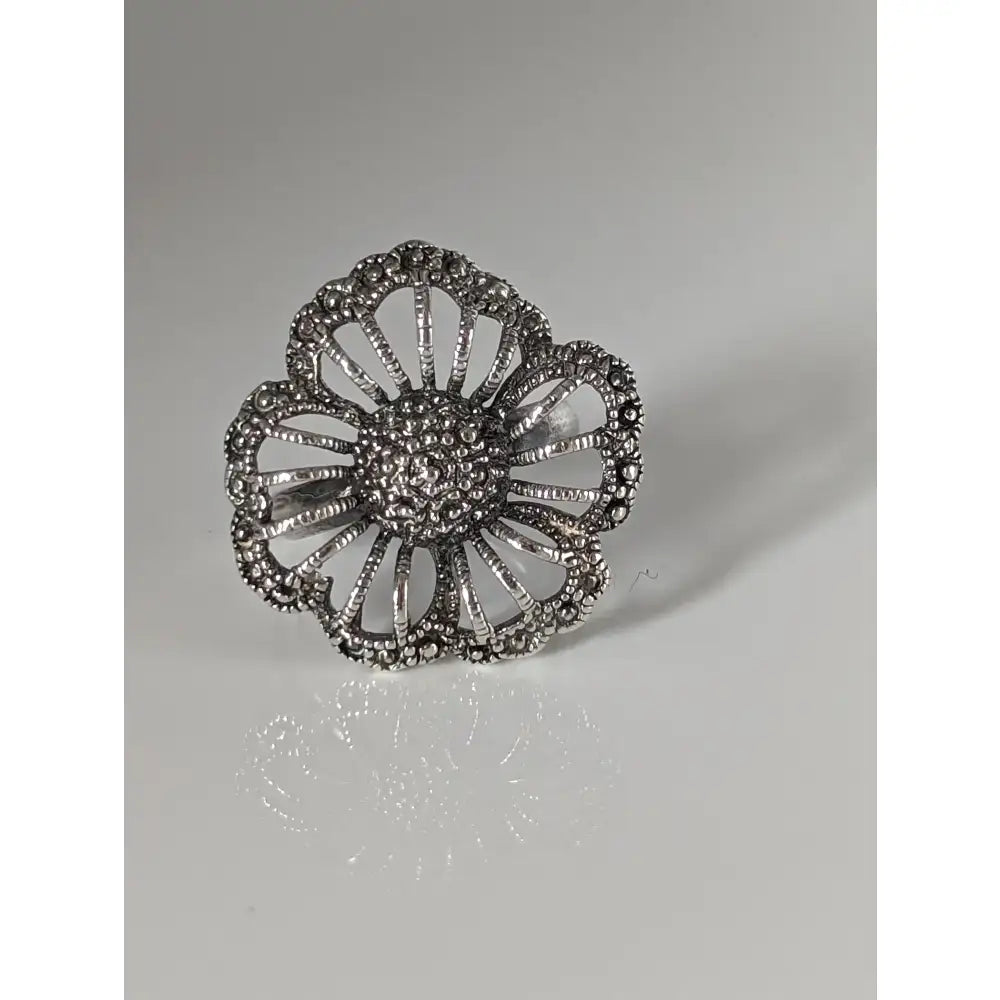 Silver steed large unique flower handmade silver ring with marcasite flower and sparkling stone cluster design