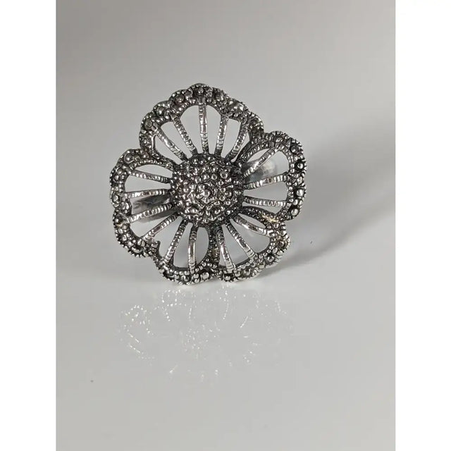 Silver steed large unique flower handmade silver ring with marcasite flower and sparkling gemstones design