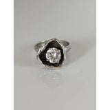 Silver steed large flower silver ring with a clear zirconia stone in a textured blackened metal setting perfect for equestrian jewelry