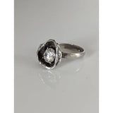 Silver steed large flower silver ring with handcrafted textured flower and clear round-cut zirconia gemstone in silver equestrian jewelry