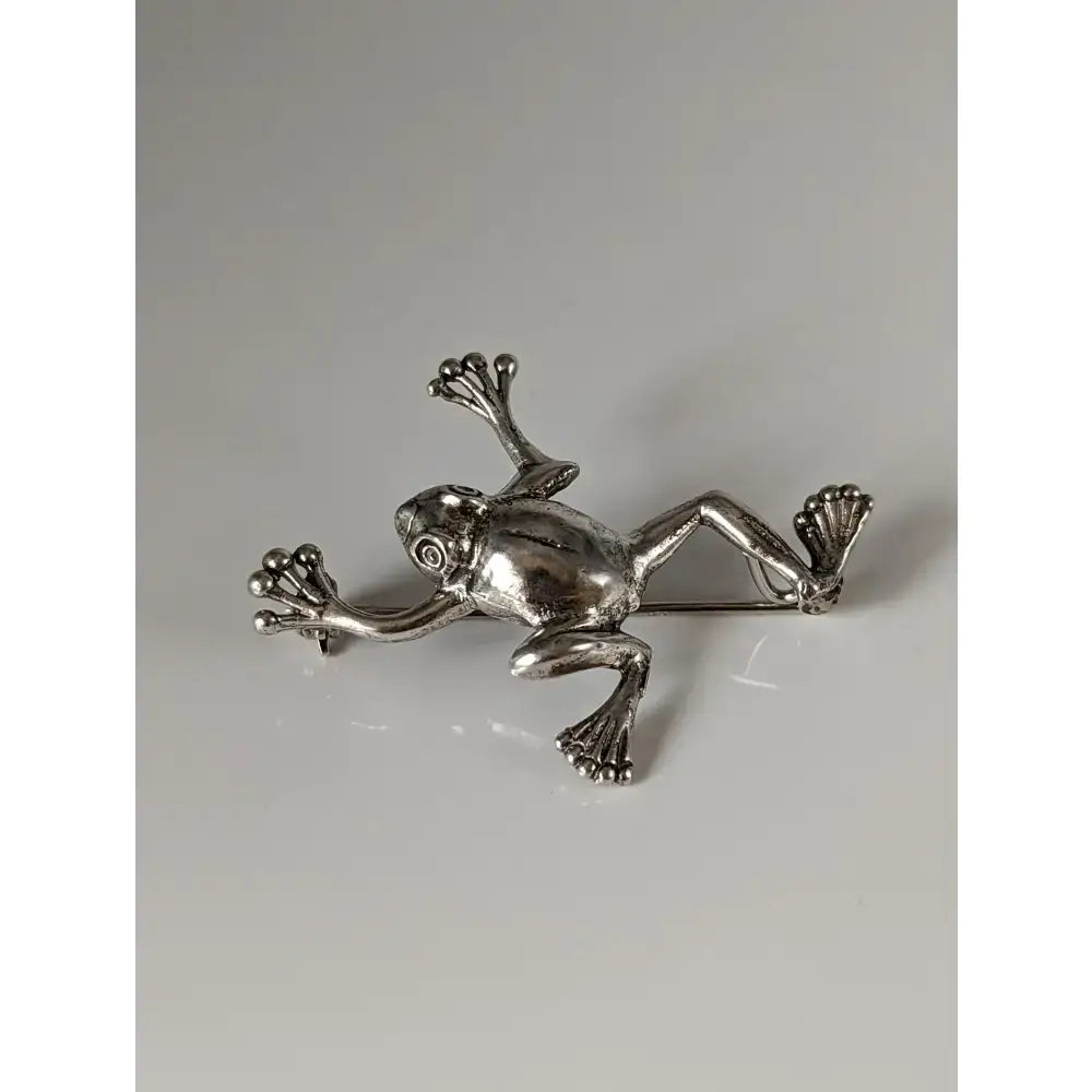 Silver steed leaping frog silver brooch with detailed limbs and textured skin perfect for equestrian jewelry fans