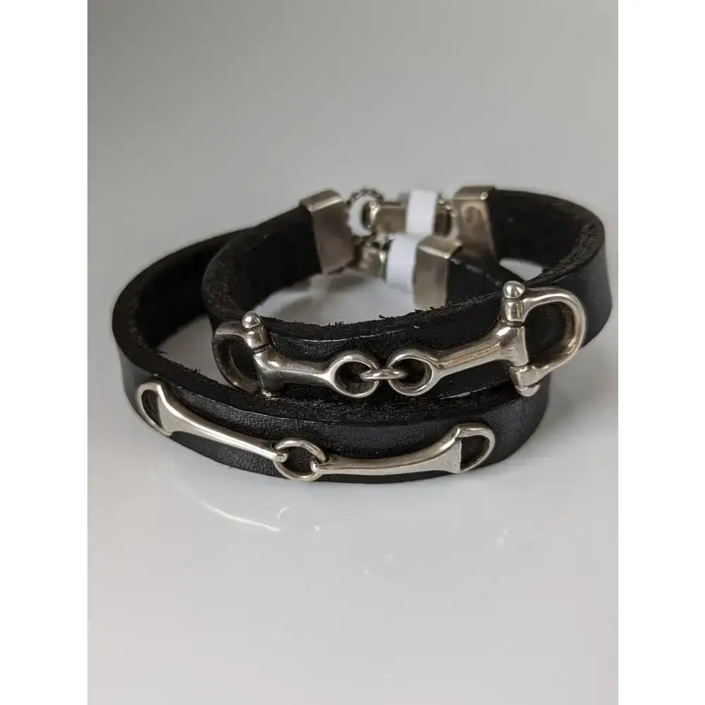 Silver steed leather black bracelet with silver-toned horsebit charms and stainless steel snaffle bracelet clasp