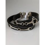Silver steed leather black bracelet with silver-toned horsebit charms and stainless steel snaffle bracelet clasp
