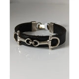 Black leather silver steed leather snaffle bracelet with silver-toned stainless steel horsebit buckle and clasp