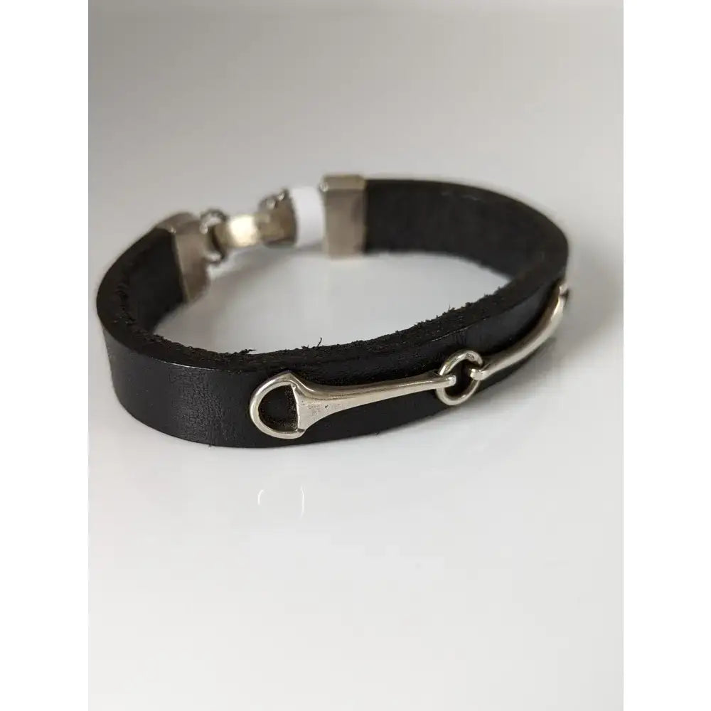 Black leather silver steed leather snaffle bracelet with silver horsebit charm and stainless steel clasp