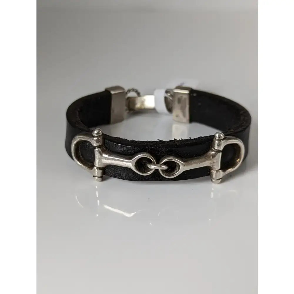 Silver steed leather snaffle bracelet with black leather band and stainless steel horsebit buckle and clasp