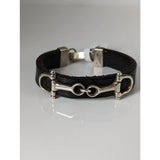 Silver steed leather snaffle bracelet with black leather band and stainless steel horsebit buckle and clasp