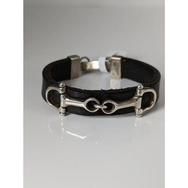 Silver steed leather snaffle bracelet with black leather band and stainless steel horsebit buckle and clasp