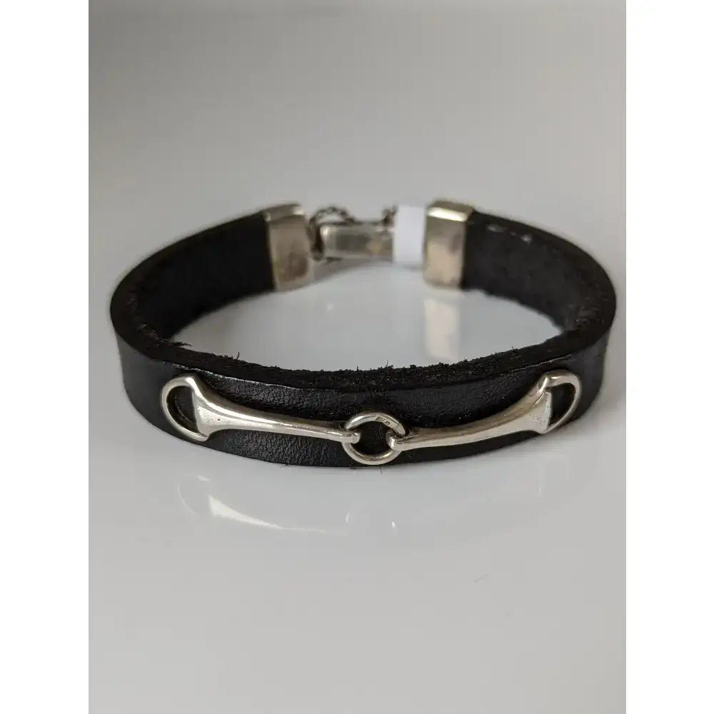 Black leather silver steed leather snaffle bracelet with silver horsebit design and stainless steel clasp