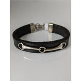 Black leather silver steed leather snaffle bracelet with silver horsebit design and stainless steel clasp