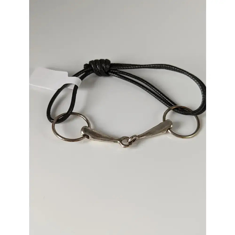 Black leather silver steed leather snaffle cord bracelet with a silver-toned horsebit centerpiece