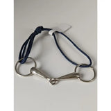 Navy blue leather silver snaffle cord bracelet featuring a silver-toned horsebit design with two circular rings
