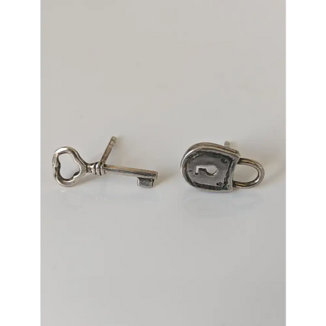 Silver Steed Lock and Key Stud Earrings Earrings