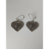Silver steed love trees dropped earrings featuring silver heart shape with engraved tree of life design