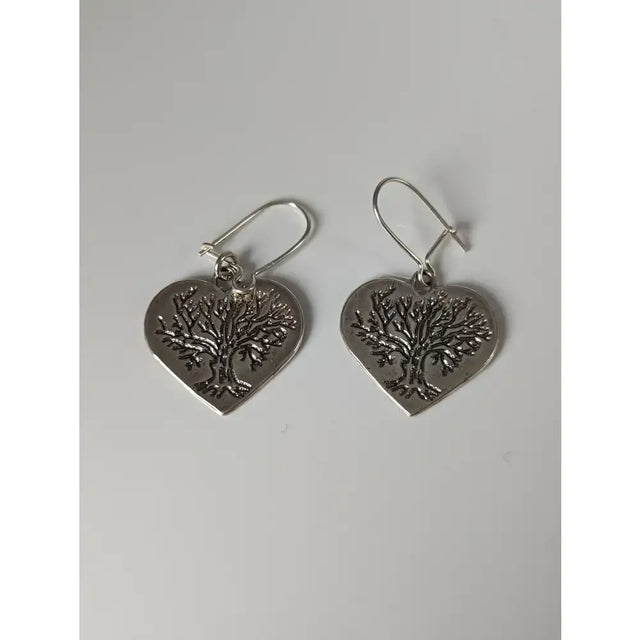 Silver steed love trees dropped earrings featuring silver heart shape with engraved tree of life design