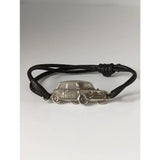 Black cord mini cooper bracelet with silver steed mini car charm in sterling silver and black cord