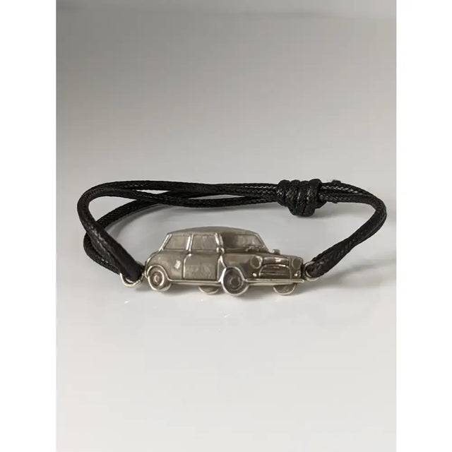 Black cord mini cooper bracelet with silver steed mini car charm in sterling silver and black cord