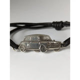 Black leather cord sterling silver black cord mini cooper bracelet with detailed silver steed mini classic car charm