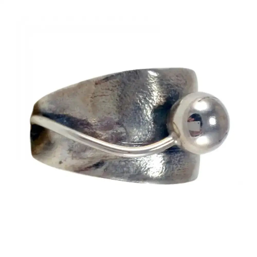 Silver steed round bud ring featuring a textured hammered silver band with a smooth round bud accent