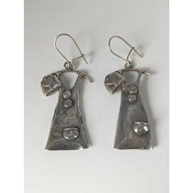 Silver steed outfit dropped earrings silver dangle apron shape with button details and a small bucket on shoulder
