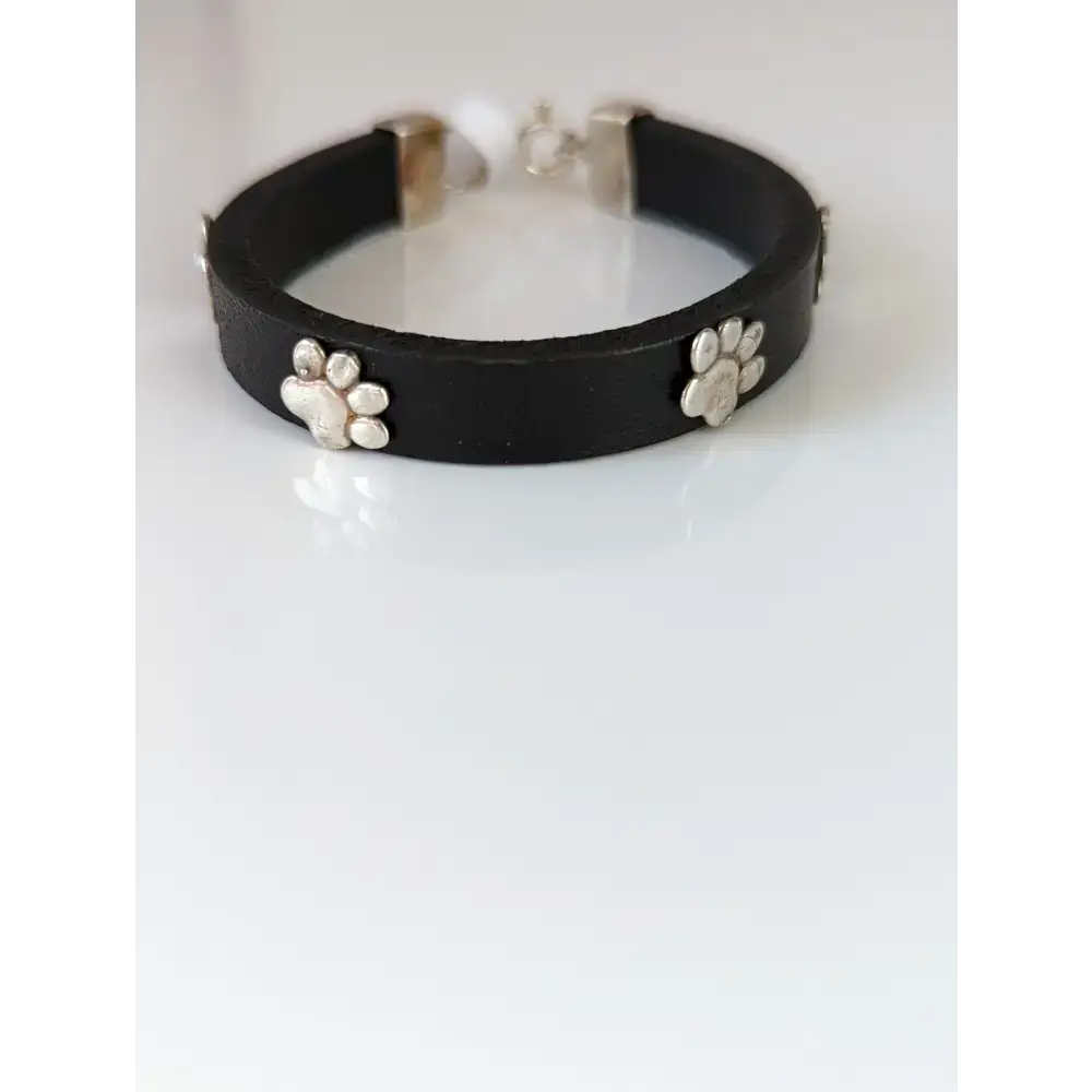 Silver Steed Paw Print Leather Bracelet Black 16.5cm A Bracelets
