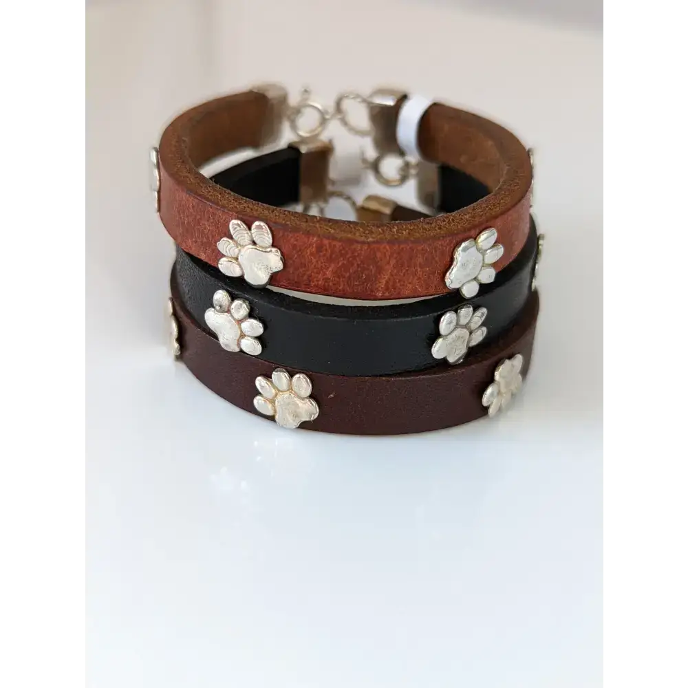 Silver Steed Paw Print Leather Bracelet Tan 16.5cm A Bracelets