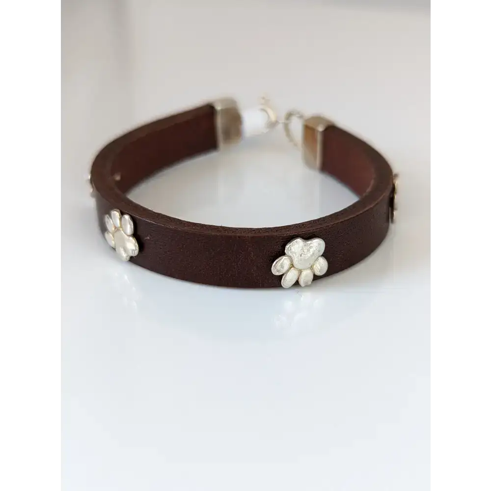 Silver Steed Paw Print Leather Bracelet Brown 16.5cm A Bracelets