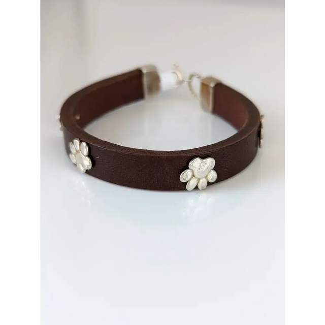 Silver Steed Paw Print Leather Bracelet Brown 16.5cm A Bracelets