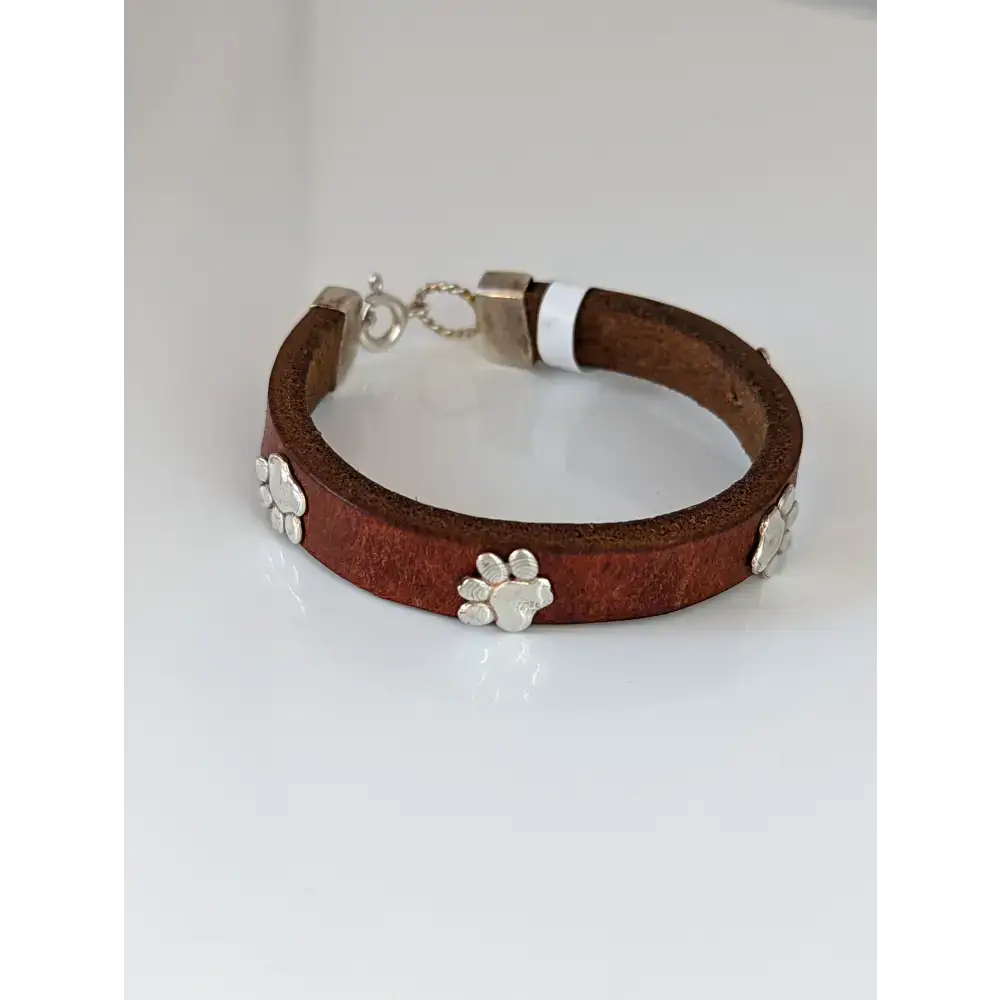 Silver Steed Paw Print Leather Bracelet Tan 16.5cm A Bracelets