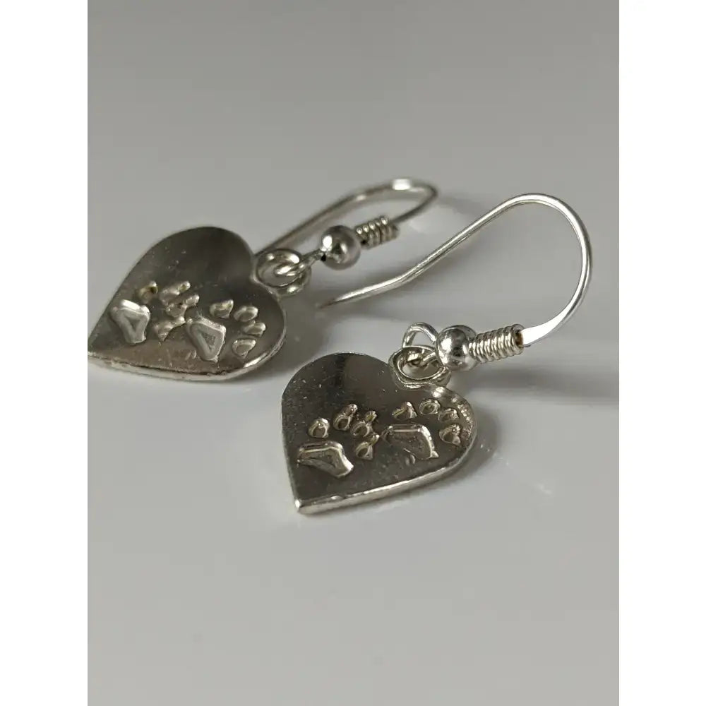 Silver steed paws heart silver dropped earrings silver heart shaped with engraved paw prints