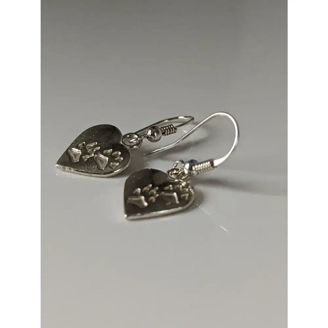Silver steed paws silver dropped earrings heart silver shaped with engraved paw prints and twisted wire hooks