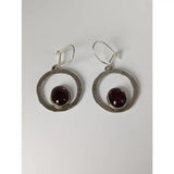 Silver steed purple crystal loop dropped silver hoop earrings with hammered texture and burgundy oval gemstones