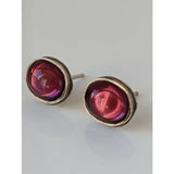 Silver steed purple ovals stud earrings with vibrant pink purple iridescent glass cabochons in handcrafted sterling silver
