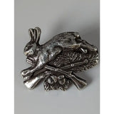 Silver steed sterling silver brooch with a detailed hare leaping over rifles and an owl skull for rabbit hunting silver fans