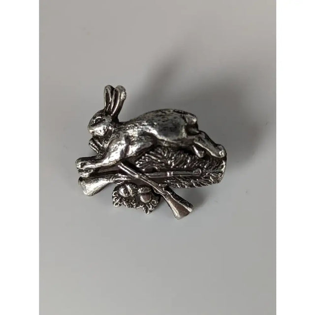 Silver steed sterling silver pin with detailed hunting rabbit design and crossed rifles for rabbit hunting silver fans