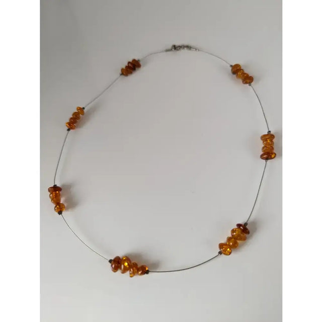 Silver steed real amber bead necklace with genuine translucent amber beads on thin silver wire