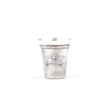 Silver steed set silver coated shot glass with detailed rider engraving and ornate textured rim in silver color