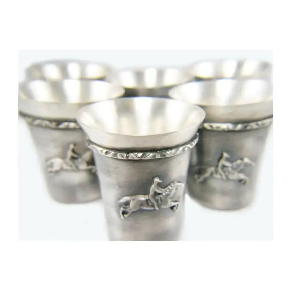Silver steed set of four silver coated shot glasses with engraved equestrian riders and ridged rims