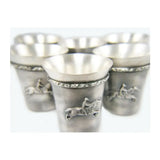 Silver steed set of four silver coated shot glasses with engraved equestrian riders and ridged rims