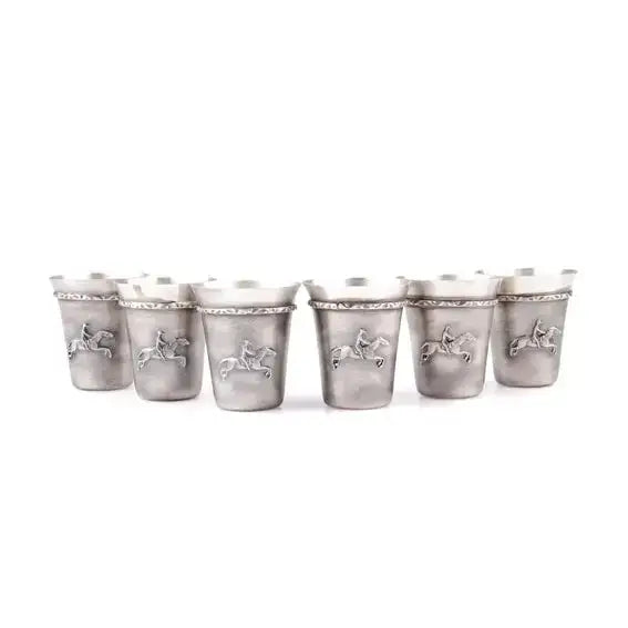 Set of six silver coated shot glasses from the silver steed set featuring embossed rider on horseback design