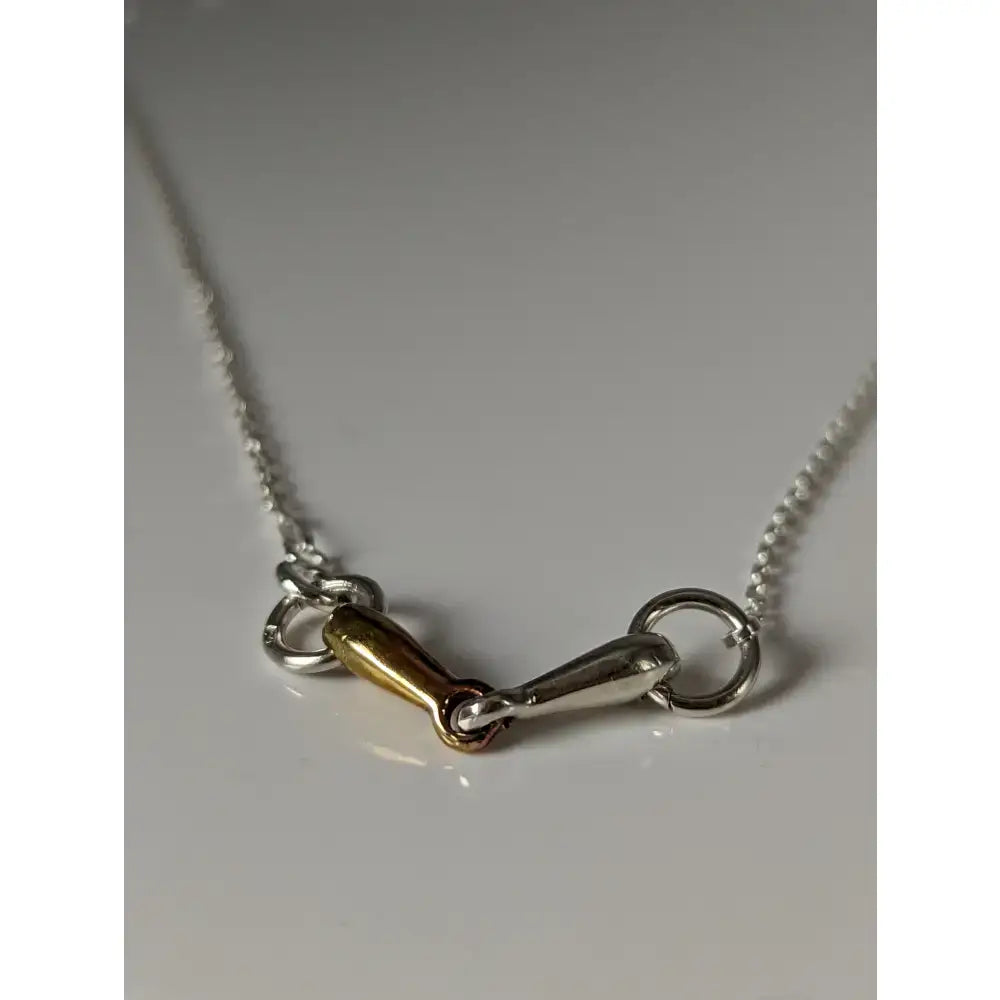 Silver steed snaffle necklace with a two-tone horsebit pendant in polished gold and silver on a silver chain