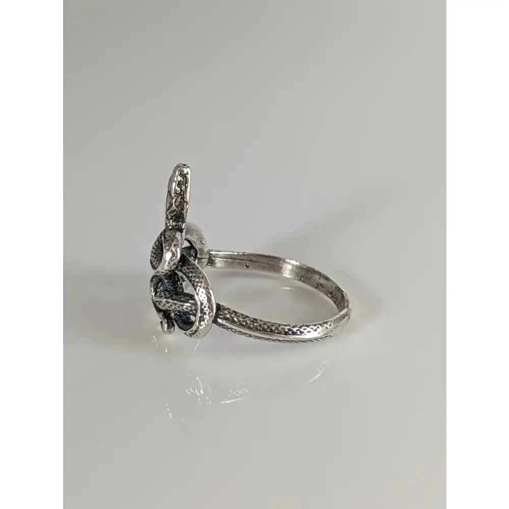 Silver steed snake silver ring with textured band and detailed coiled design in sterling silver