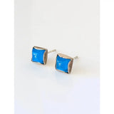 Silver steed square coloured stud earrings with blue enamel and sterling silver metal frames
