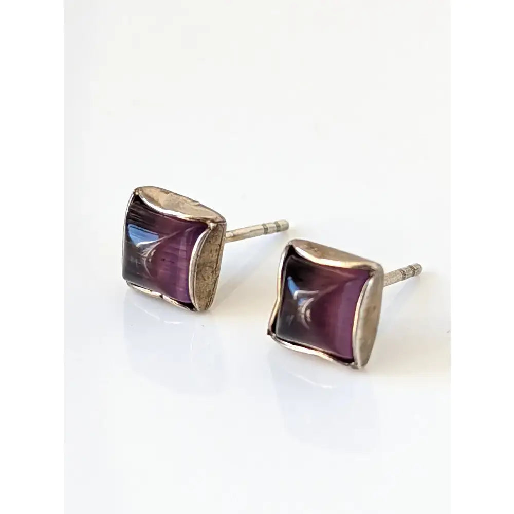 Silver steed square coloured stud earrings with deep purple translucent gemstone set in sterling silver frame