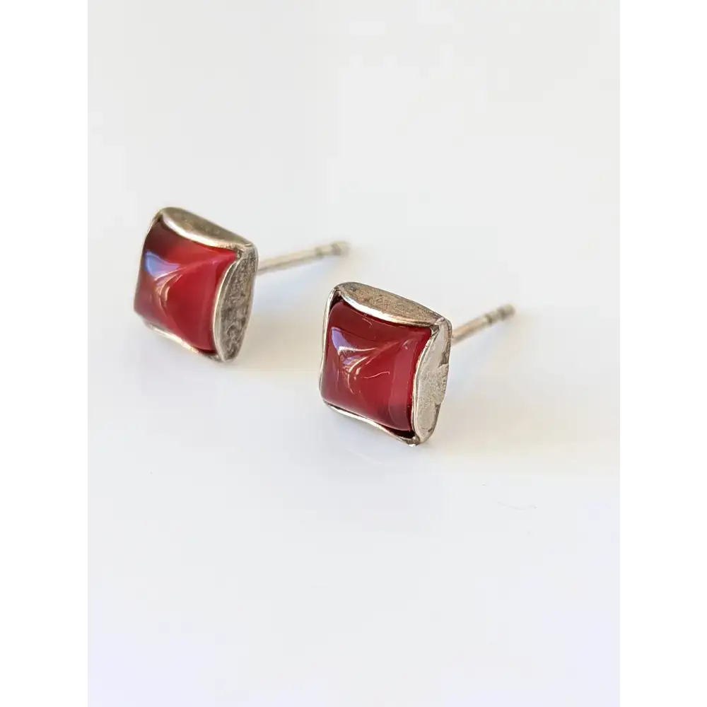 Silver Steed Square Coloured Stud Earrings Red Earrings