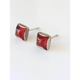 Silver Steed Square Coloured Stud Earrings Red Earrings