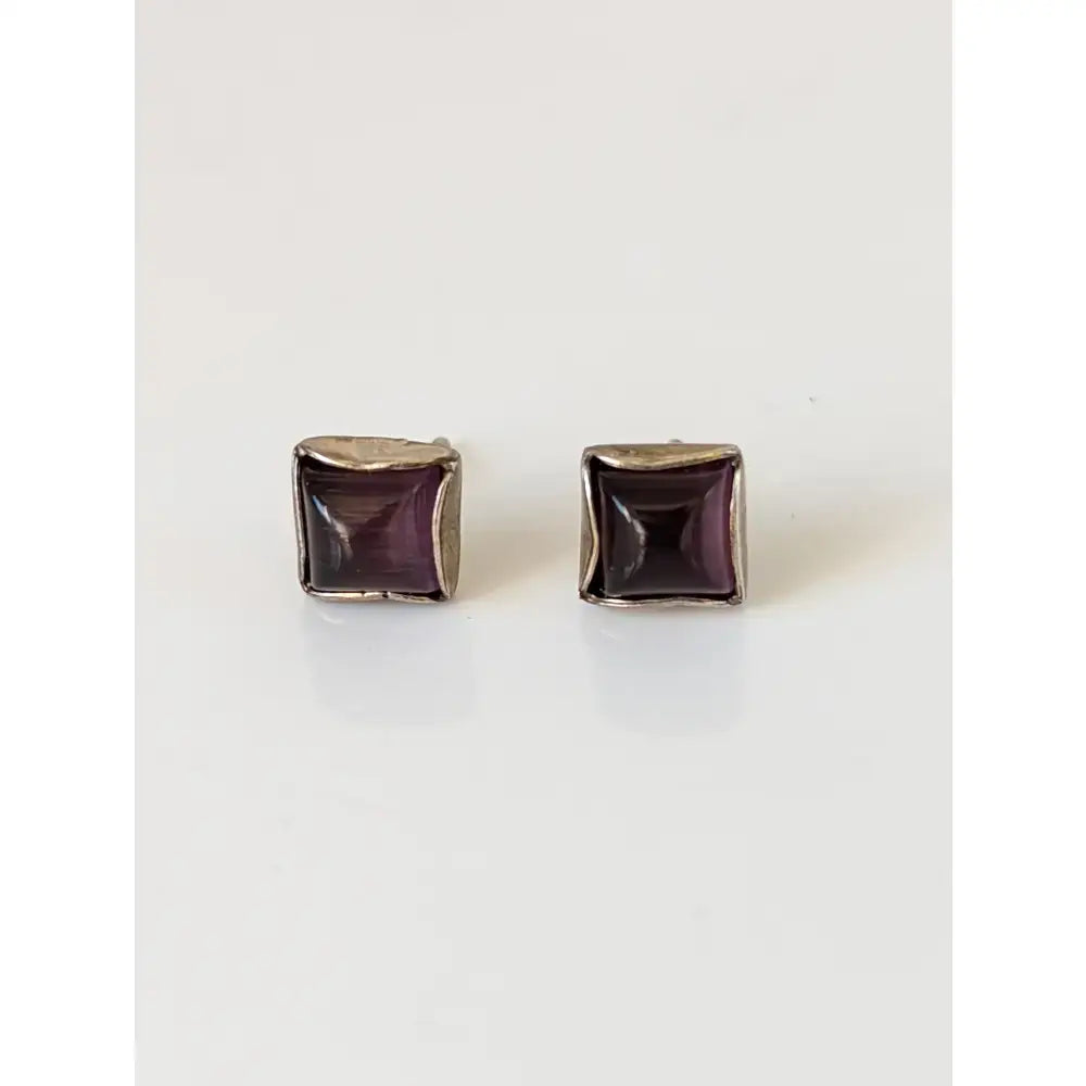 Silver steed square coloured stud earrings with deep purple gemstones set in sterling silver frame